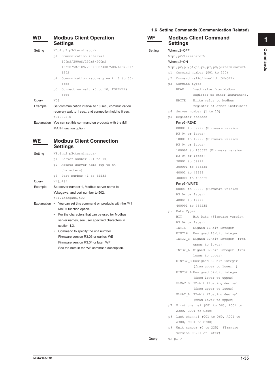 App index, Wd modbus client operation settings, We modbus client connection settings | Wf modbus client command settings | Yokogawa Standalone MW100 User Manual | Page 42 / 151