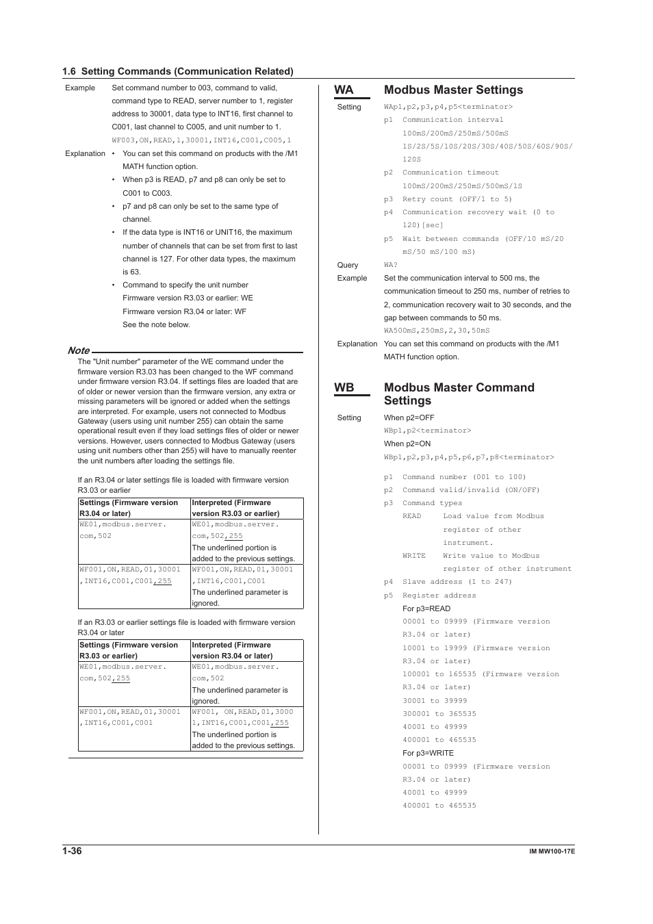 Wa modbus master settings, Wb modbus master command settings | Yokogawa Standalone MW100 User Manual | Page 43 / 151