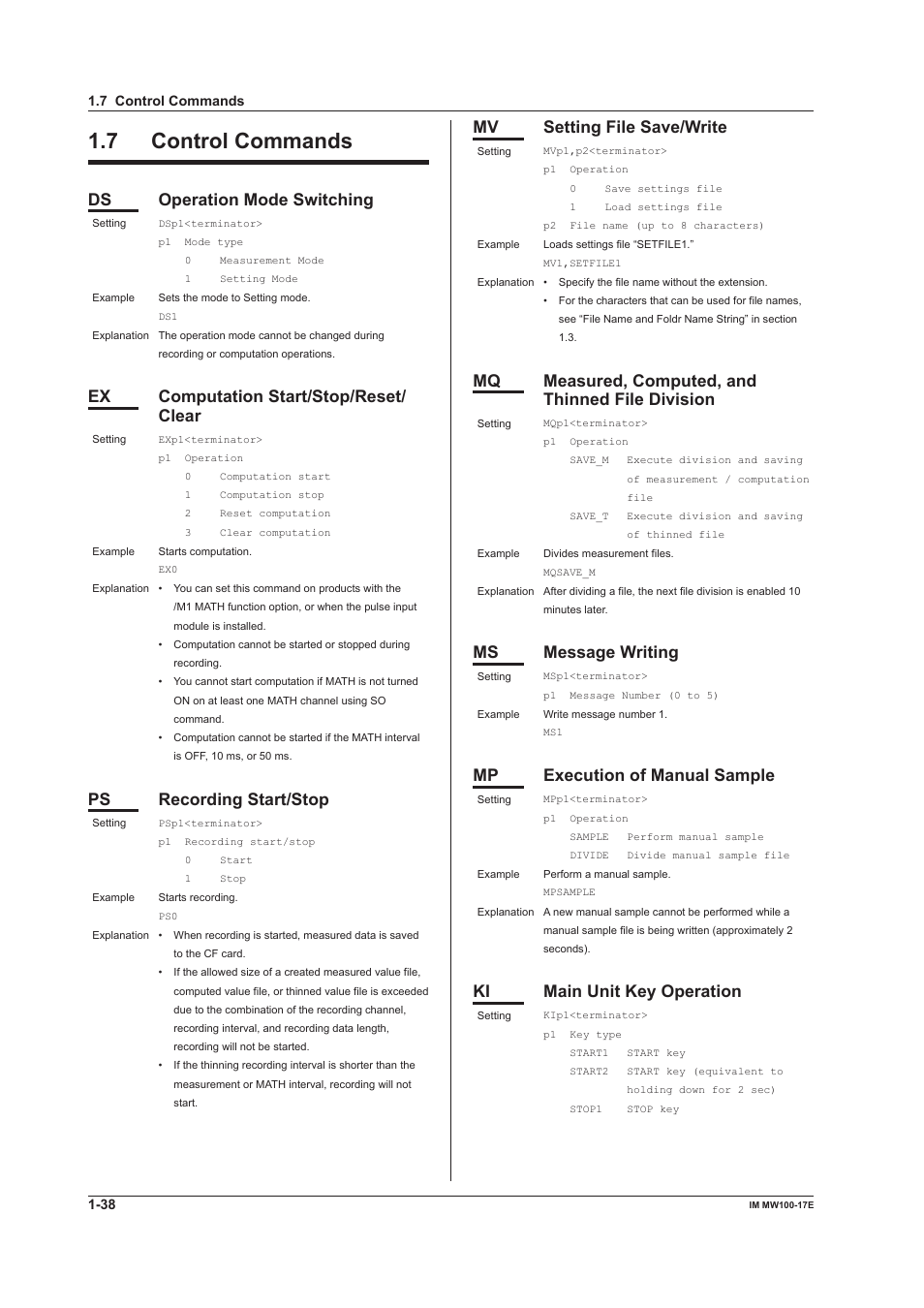 7 control commands, Control commands -38, Ds operation mode switching | Ex computation start/stop/reset/ clear, Ps recording start/stop, Mv setting file save/write, Mq measured, computed, and thinned file division, Ms message writing, Mp execution of manual sample, Ki main unit key operation | Yokogawa Standalone MW100 User Manual | Page 45 / 151