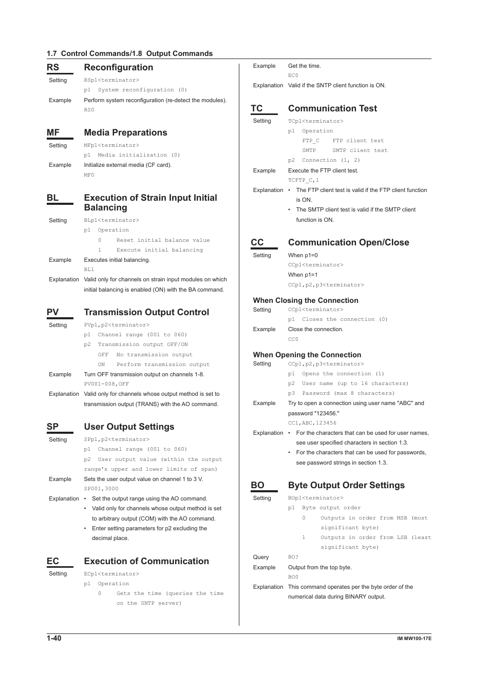 Rs reconfiguration, Mf media preparations, Bl execution of strain input initial balancing | Pv transmission output control, Sp user output settings, Ec execution of communication, Tc communication test, Cc communication open/close, Bo byte output order settings | Yokogawa Standalone MW100 User Manual | Page 47 / 151