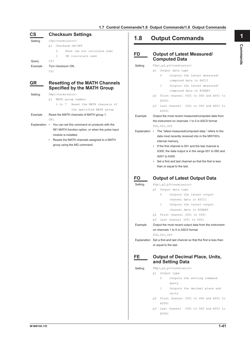 8 output commands, Output commands -41, App index | Cs checksum settings, Fd output of latest measured/ computed data, Fo output of latest output data | Yokogawa Standalone MW100 User Manual | Page 48 / 151