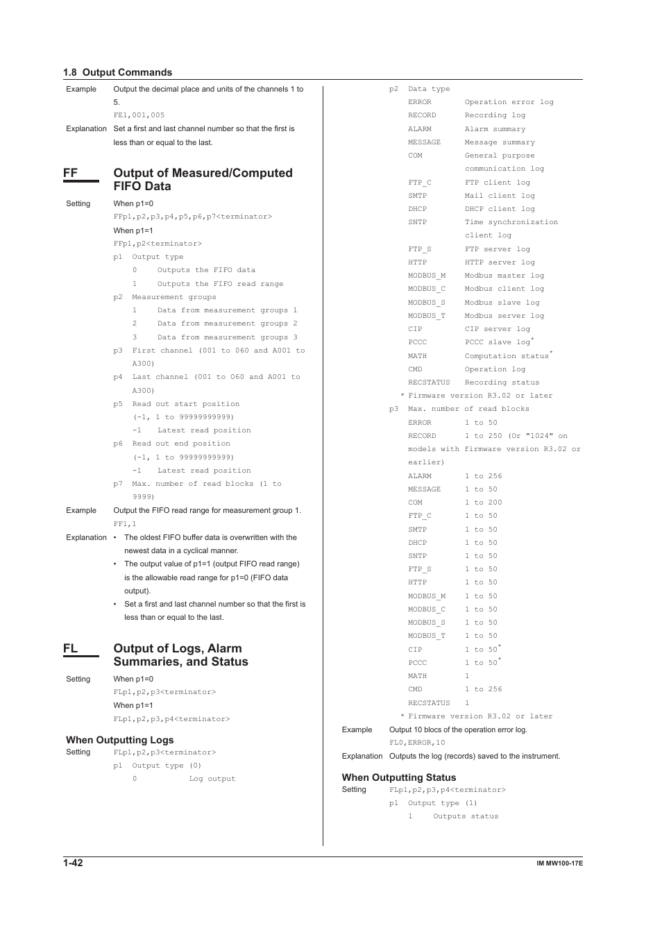 Ff output of measured/computed fifo data, Fl output of logs, alarm summaries, and status | Yokogawa Standalone MW100 User Manual | Page 49 / 151