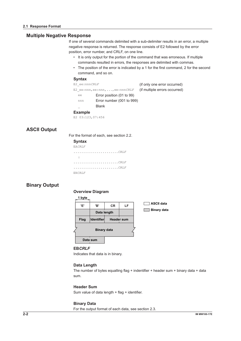 Multiple negative response, Ascii output, Binary output | Yokogawa Standalone MW100 User Manual | Page 52 / 151