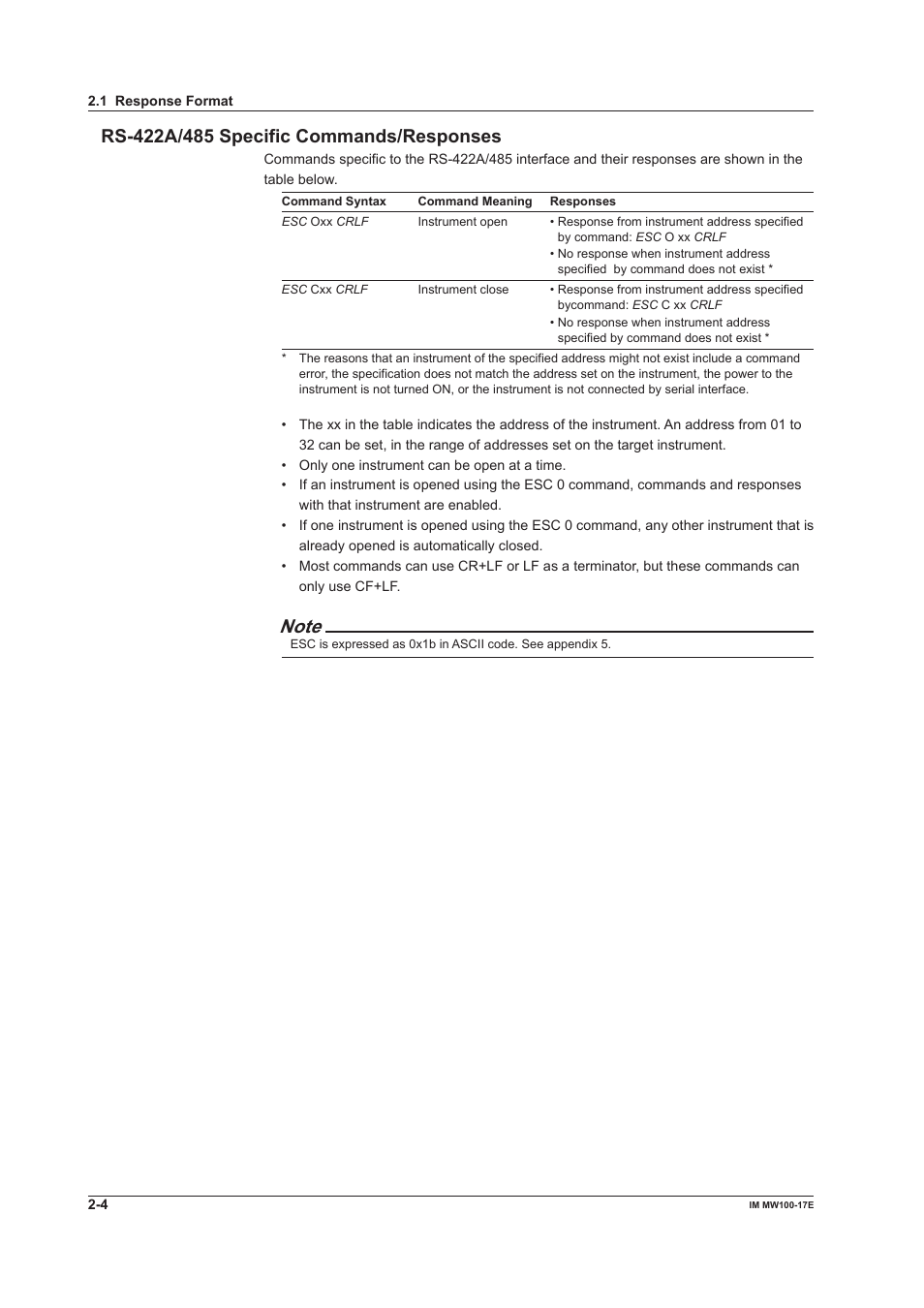 Rs-422a/485 specific commands/responses, Rs-422a/485 specific commands/responses -4 | Yokogawa Standalone MW100 User Manual | Page 54 / 151