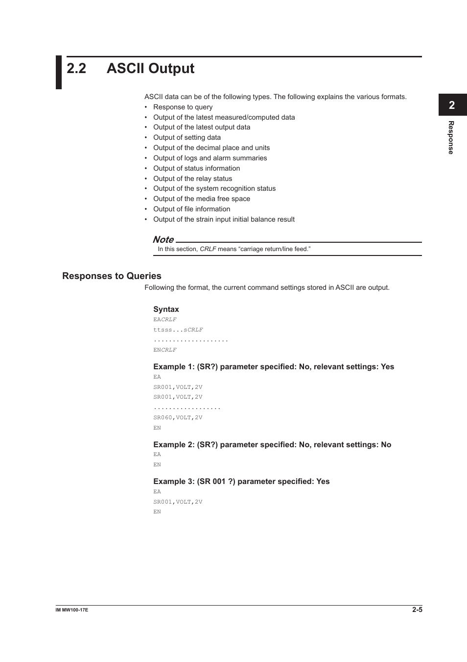 2 ascii output, Responses to queries, Ascii output -5 responses to queries -5 | Yokogawa Standalone MW100 User Manual | Page 55 / 151