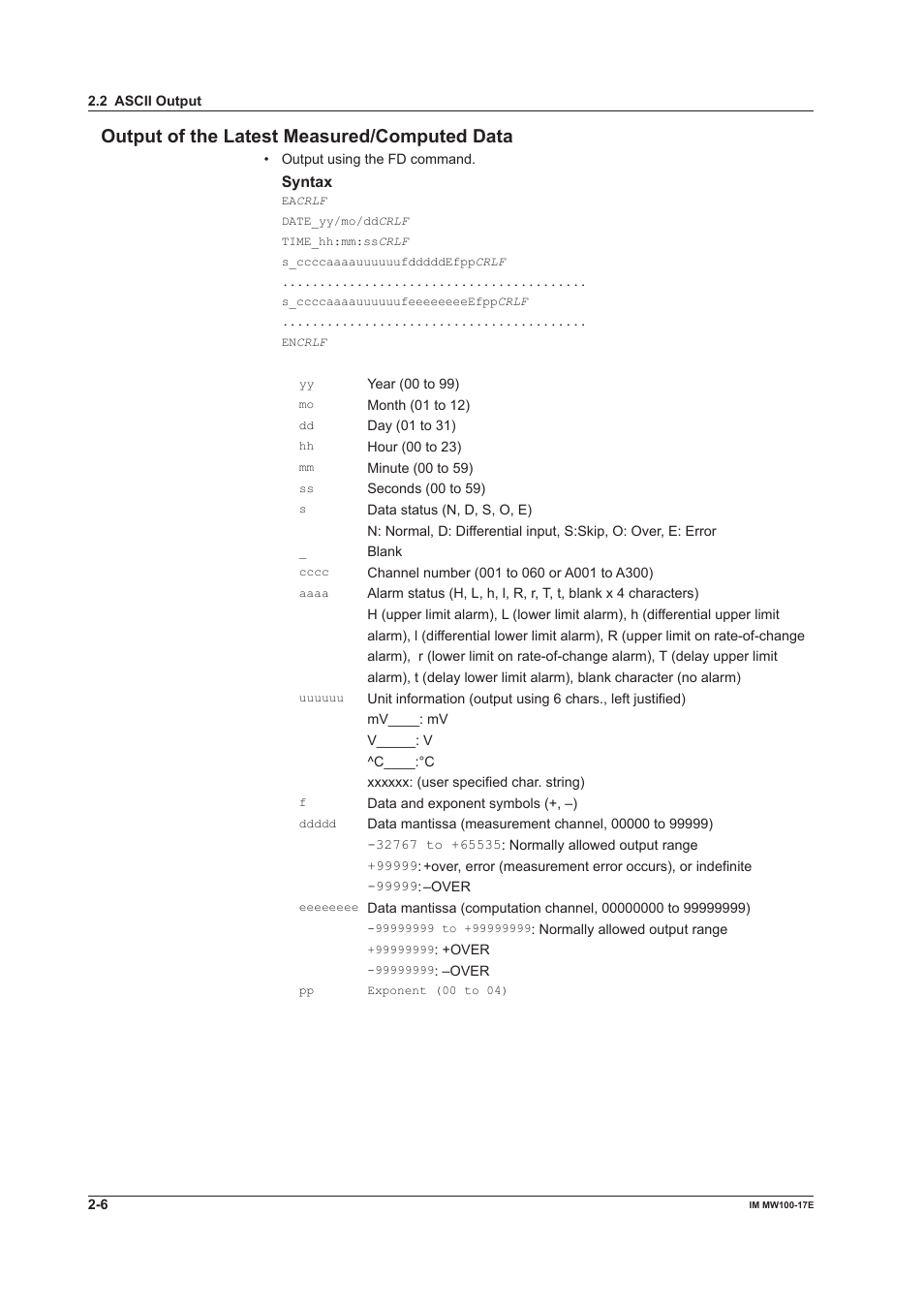 Output of the latest measured/computed data, Output of the latest measured/computed data -6 | Yokogawa Standalone MW100 User Manual | Page 56 / 151