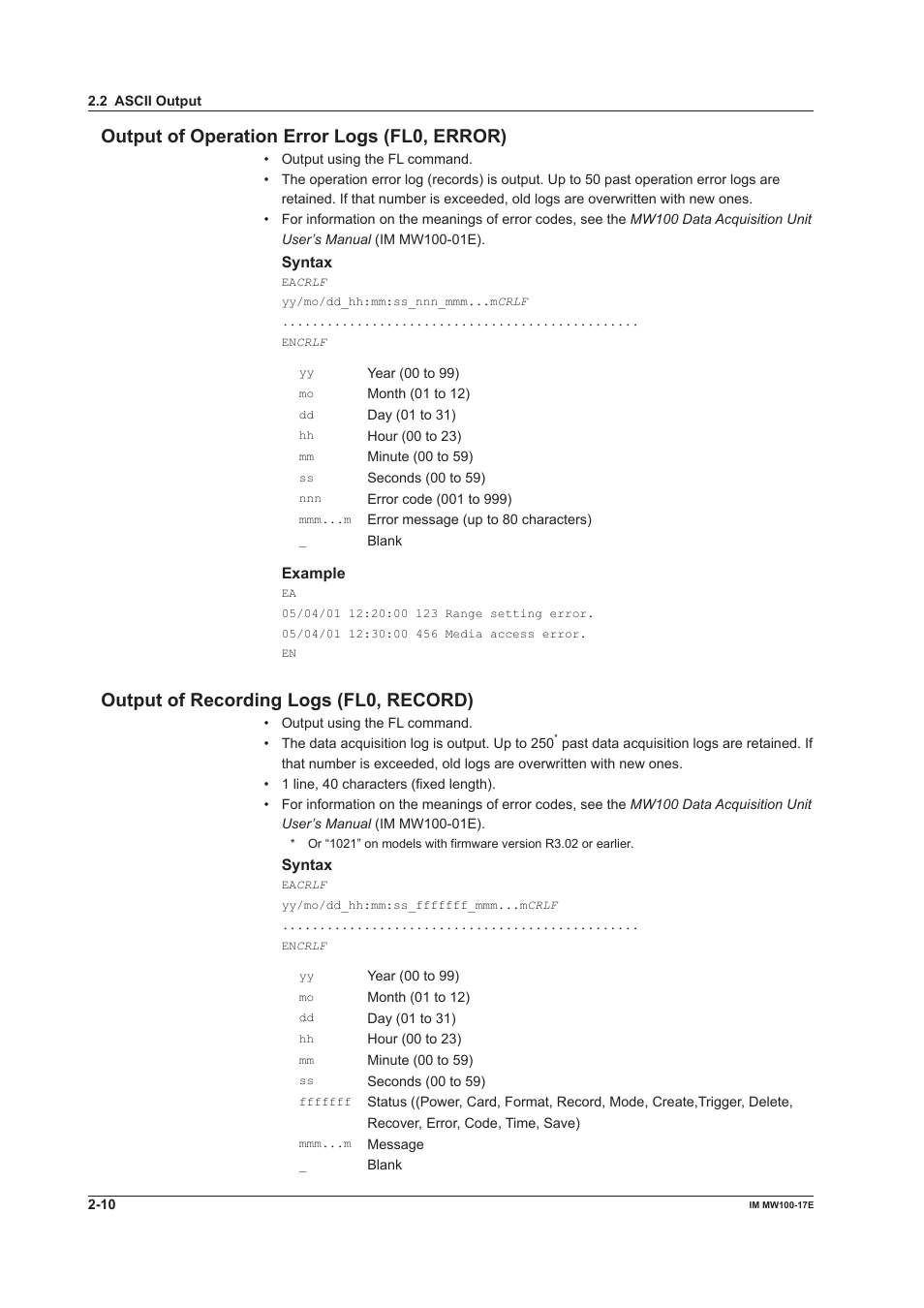 Output of operation error logs (fl0, error), Output of recording logs (fl0, record) | Yokogawa Standalone MW100 User Manual | Page 60 / 151