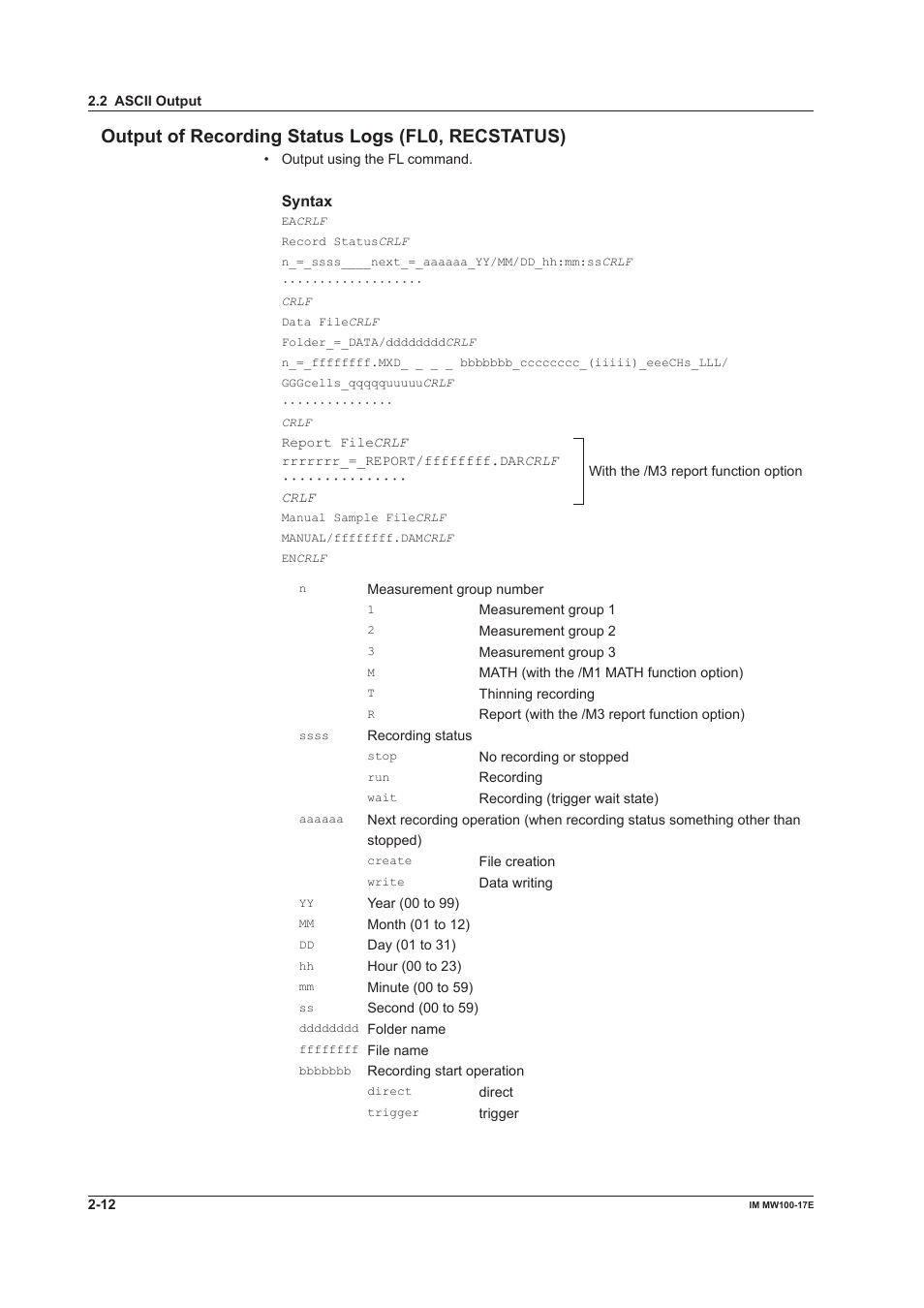 Output of recording status logs (fl0, recstatus) | Yokogawa Standalone MW100 User Manual | Page 62 / 151