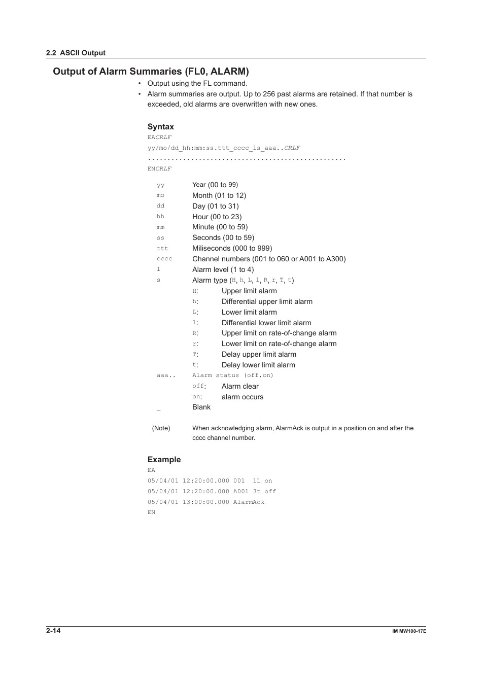 Output of alarm summaries (fl0, alarm), Output of alarm summaries (fl0, alarm) -14 | Yokogawa Standalone MW100 User Manual | Page 64 / 151