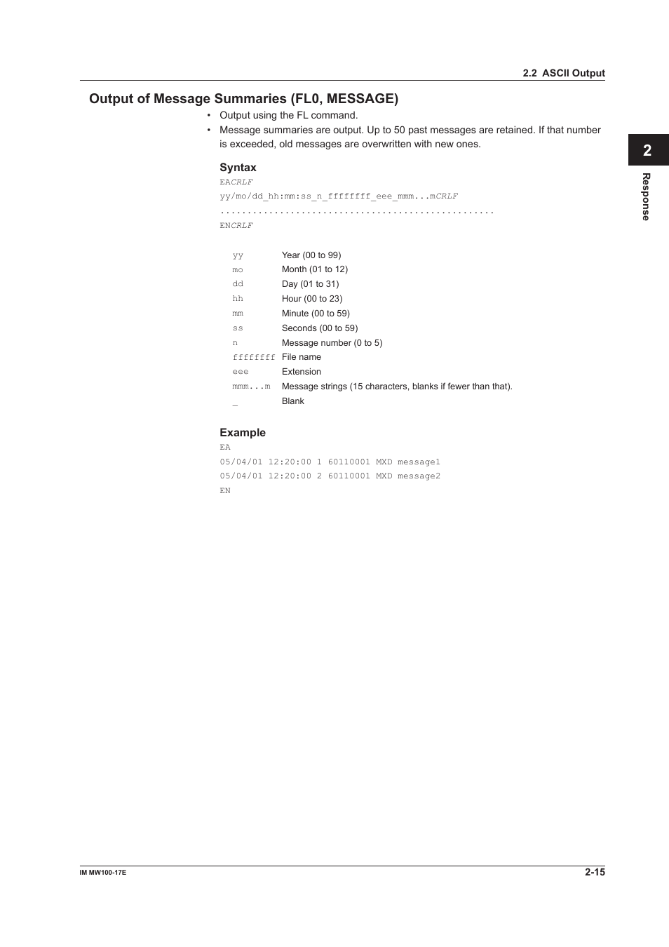 Output of message summaries (fl0, message), Output of message summaries (fl0, message) -15 | Yokogawa Standalone MW100 User Manual | Page 65 / 151