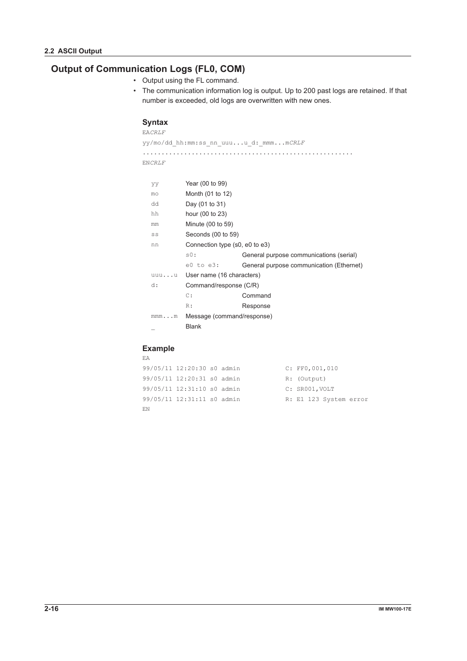 Output of communication logs (fl0, com), Output of communication logs (fl0, com) -16, Syntax | Example | Yokogawa Standalone MW100 User Manual | Page 66 / 151