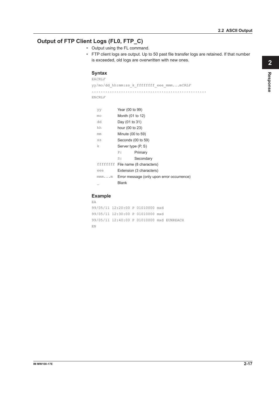 Output of ftp client logs (fl0, ftp_c), Output of ftp client logs (fl0, ftp_c) -17, App index output of ftp client logs (fl0, ftp_c) | Yokogawa Standalone MW100 User Manual | Page 67 / 151