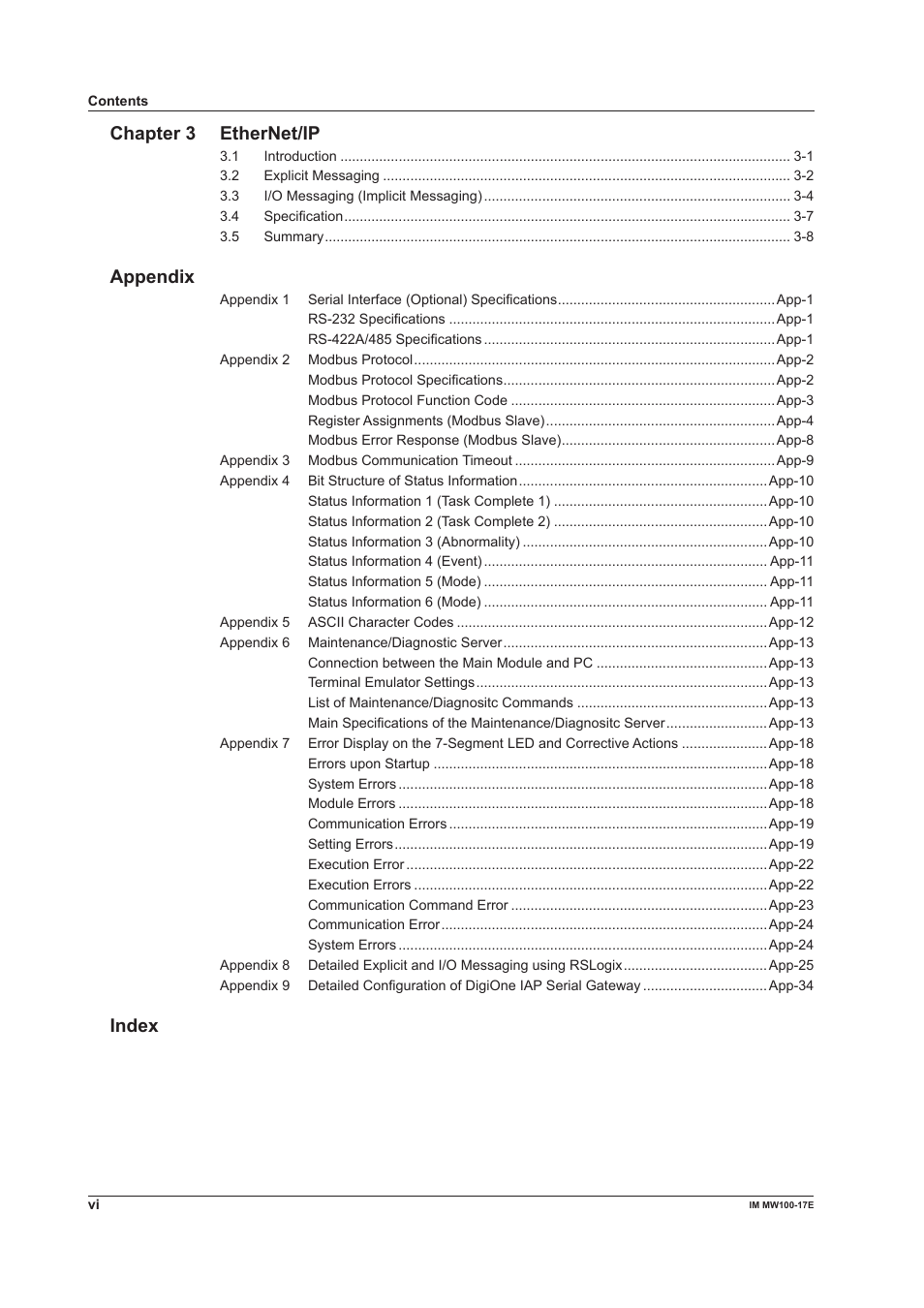 Chapter 3 ethernet/ip, Appendix, Index | Yokogawa Standalone MW100 User Manual | Page 7 / 151