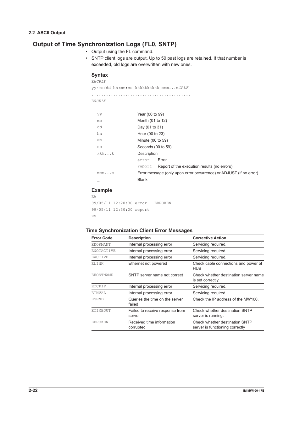 Output of time synchronization logs (fl0, sntp), Syntax, Example | Time synchronization client error messages | Yokogawa Standalone MW100 User Manual | Page 72 / 151