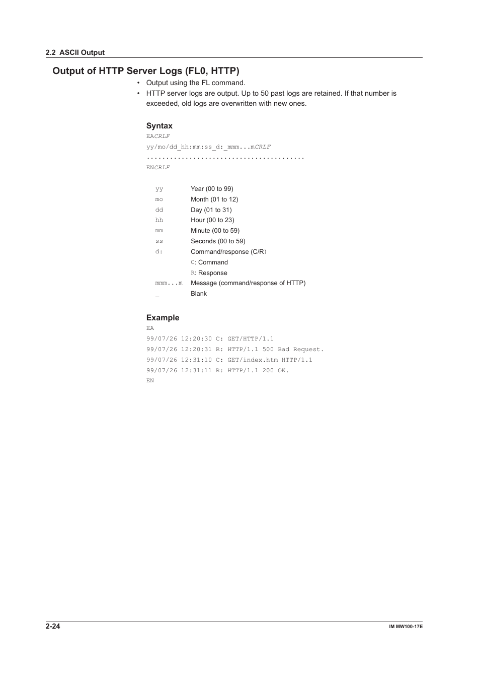 Output of http server logs (fl0, http), Output of http server logs (fl0, http) -24 | Yokogawa Standalone MW100 User Manual | Page 74 / 151