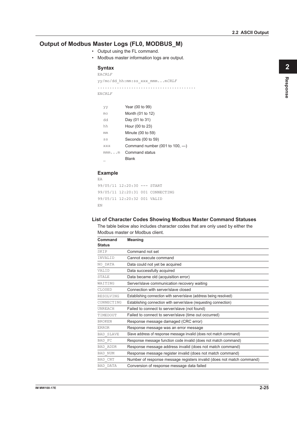 Output of modbus master logs (fl0, modbus_m), Output of modbus master logs (fl0, modbus_m) -25 | Yokogawa Standalone MW100 User Manual | Page 75 / 151