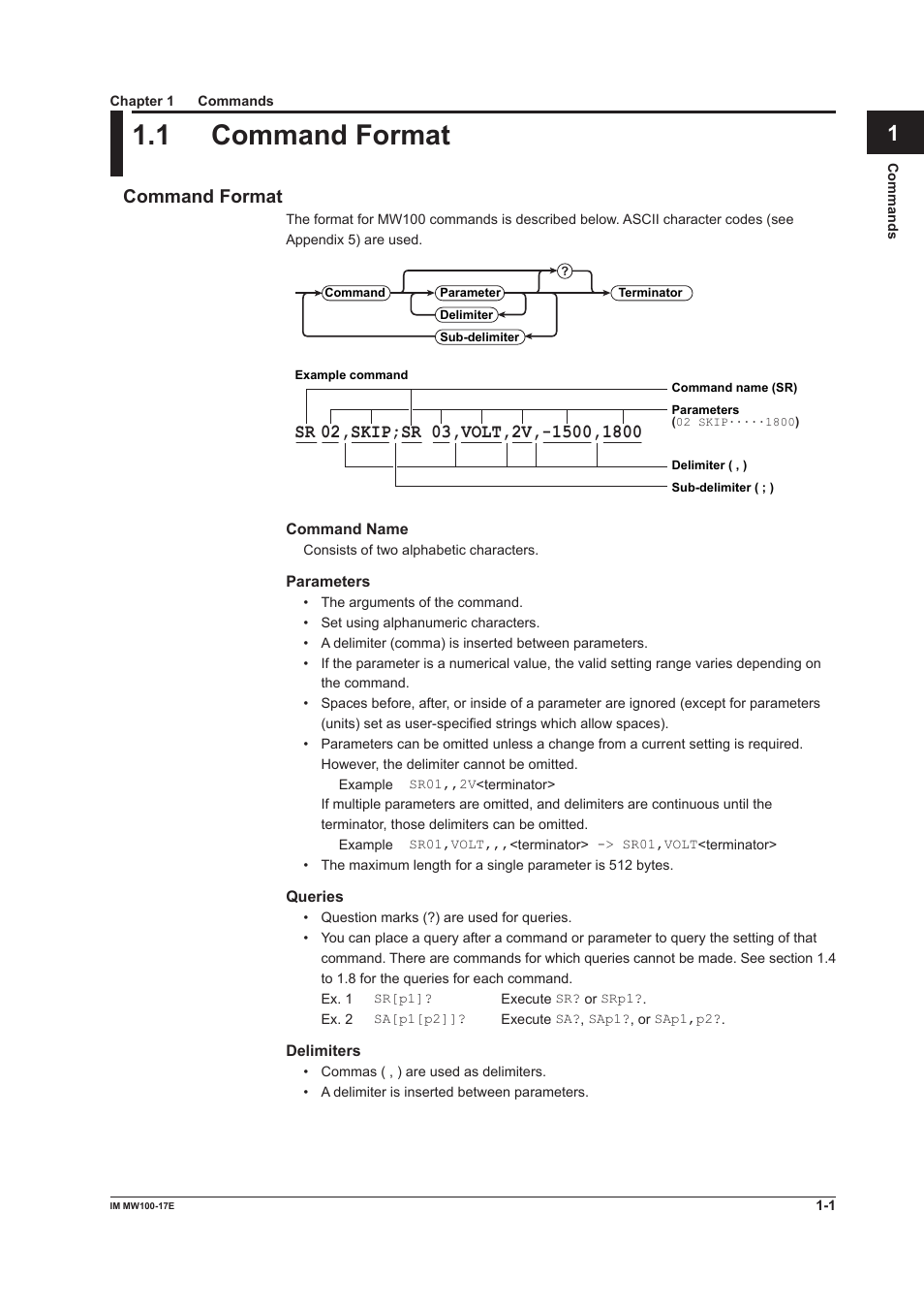 Chapter 1 commands, 1 command format, Command format | Command format -1 command format -1, App index | Yokogawa Standalone MW100 User Manual | Page 8 / 151