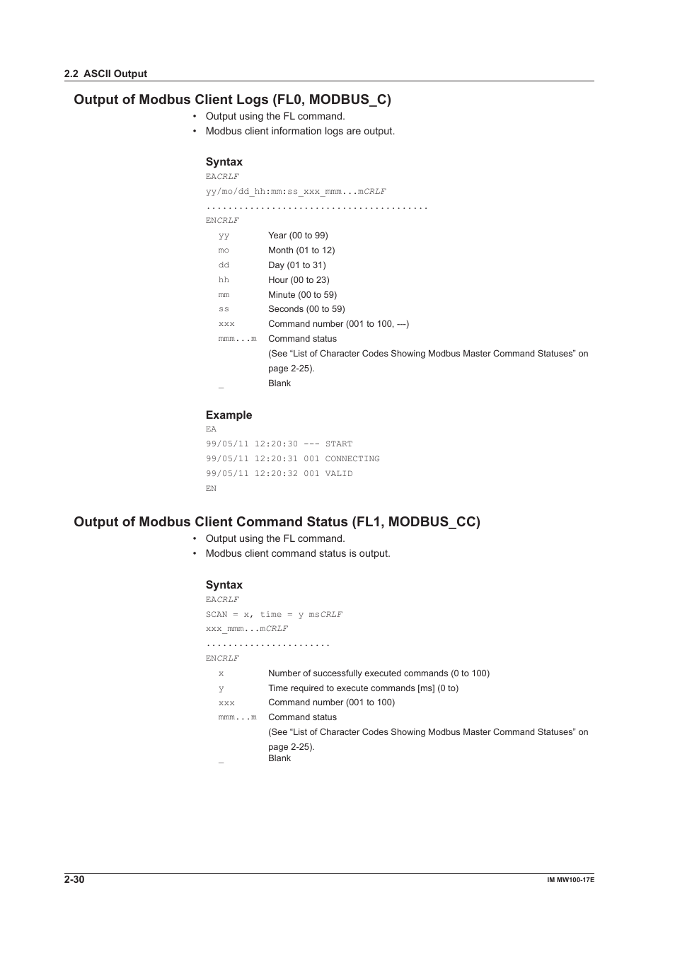 Output of modbus client logs (fl0, modbus_c) | Yokogawa Standalone MW100 User Manual | Page 80 / 151