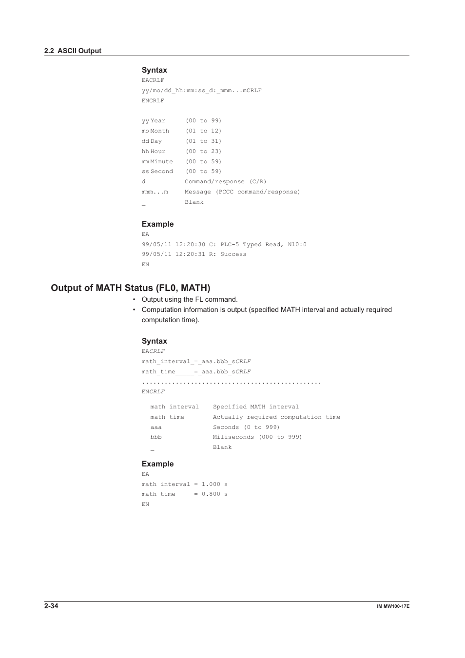 Output of math status (fl0, math), Output of math status (fl0, math) -34 | Yokogawa Standalone MW100 User Manual | Page 84 / 151