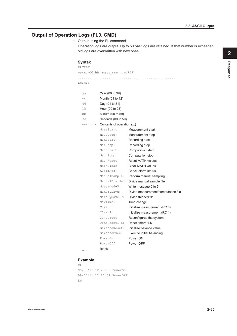 Output of operation logs (fl0, cmd), Output of operation logs (fl0, cmd) -35, App index output of operation logs (fl0, cmd) | Yokogawa Standalone MW100 User Manual | Page 85 / 151