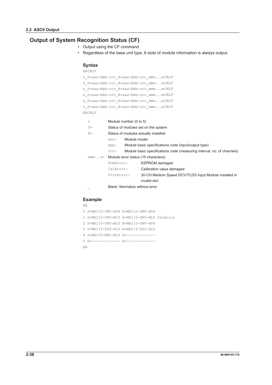 Output of system recognition status (cf), Output of system recognition status (cf) -38, Syntax | Example | Yokogawa Standalone MW100 User Manual | Page 88 / 151