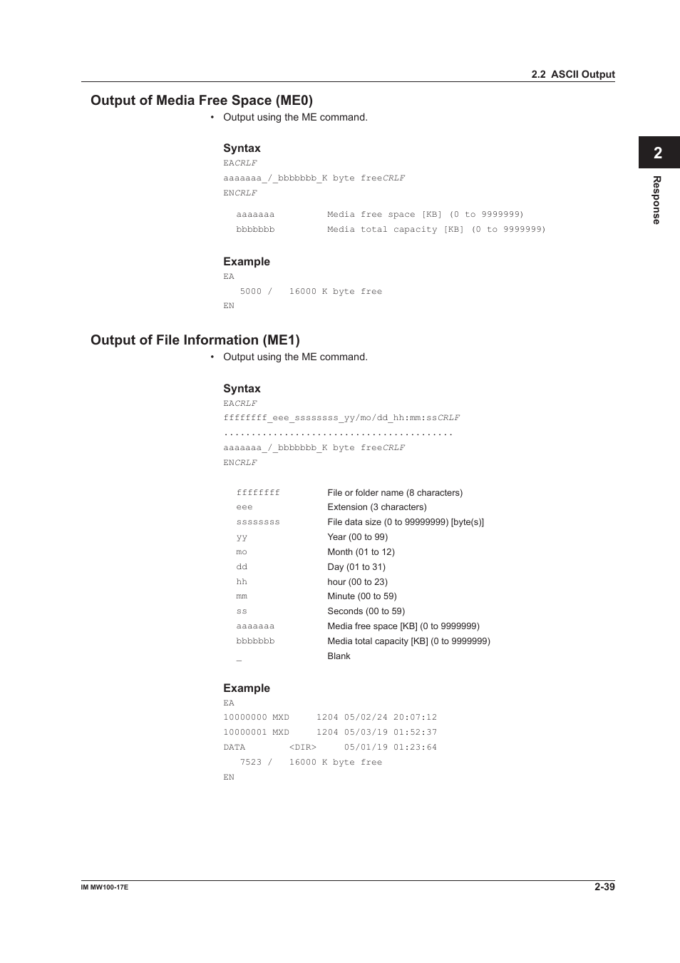 Output of media free space (me0), Output of file information (me1), App index output of media free space (me0) | Yokogawa Standalone MW100 User Manual | Page 89 / 151