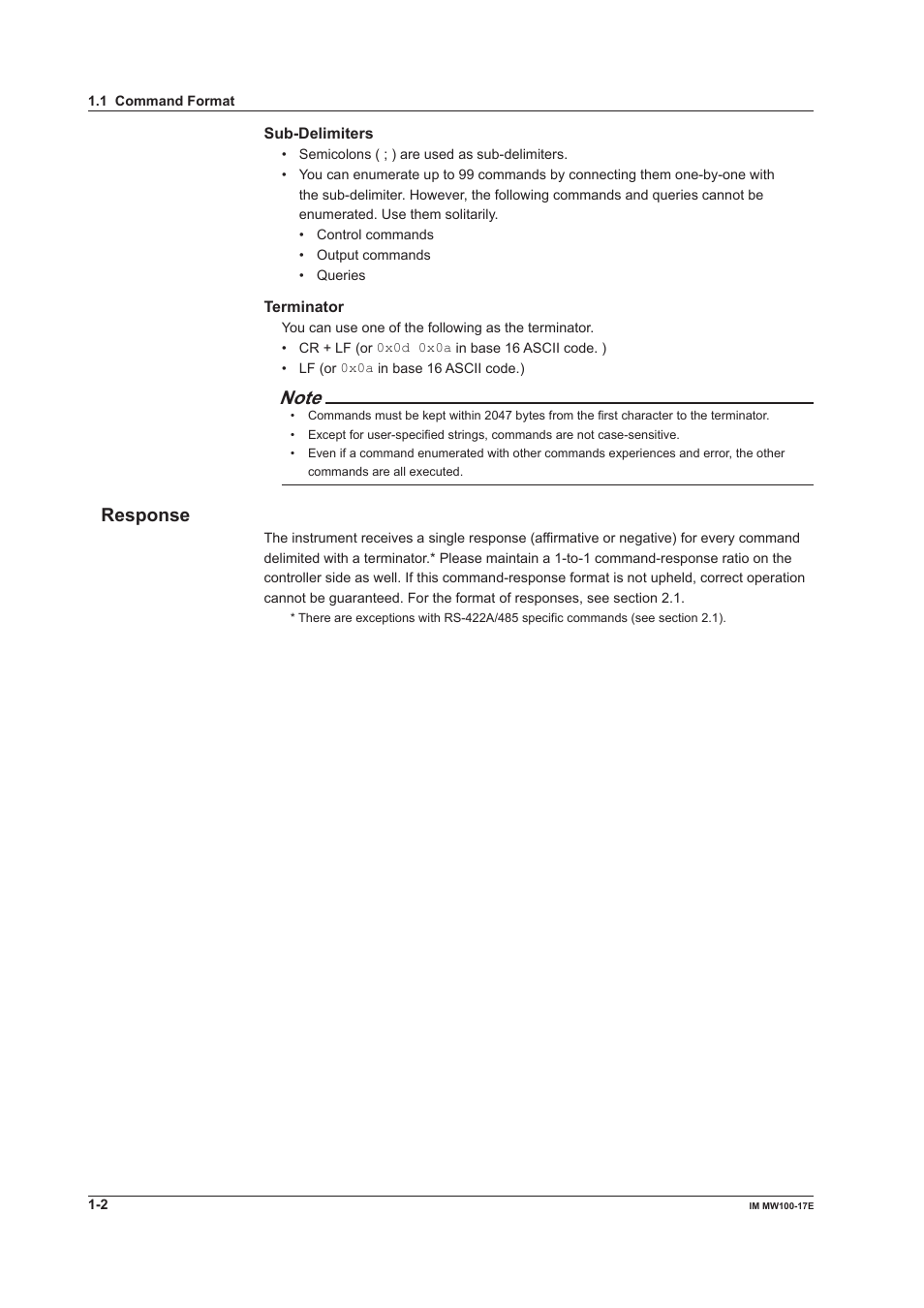 Response, Response -2 | Yokogawa Standalone MW100 User Manual | Page 9 / 151