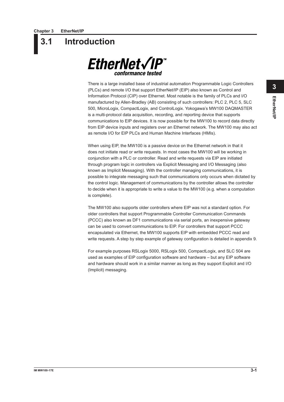 Chapter 3 ethernet/ip, 1 introduction, Introduction -1 | Yokogawa Standalone MW100 User Manual | Page 95 / 151