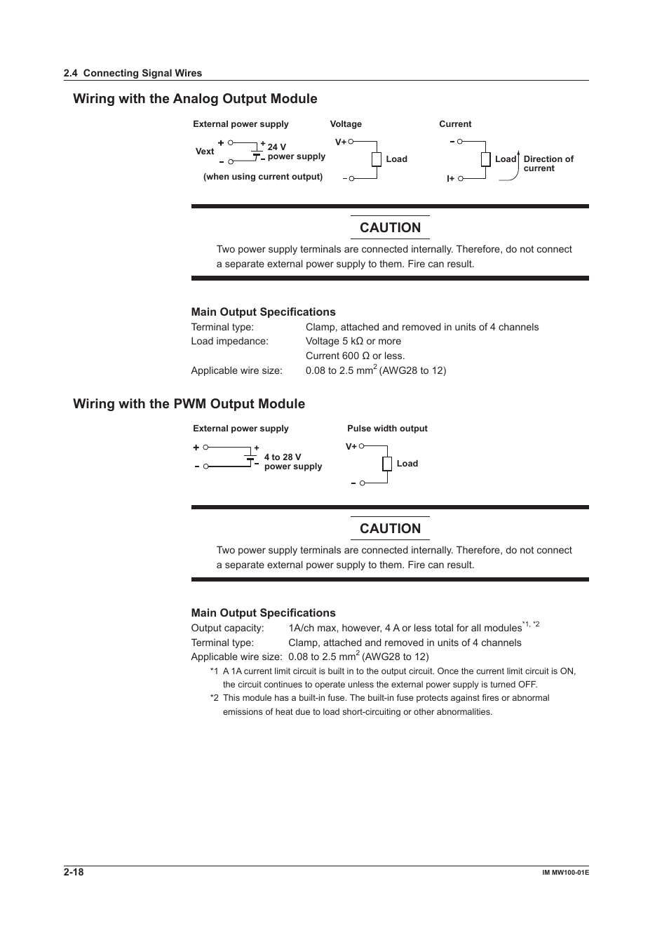 Wiring with the analog output module, Wiring with the pwm output module, Caution | Yokogawa Standalone MW100 User Manual | Page 106 / 305