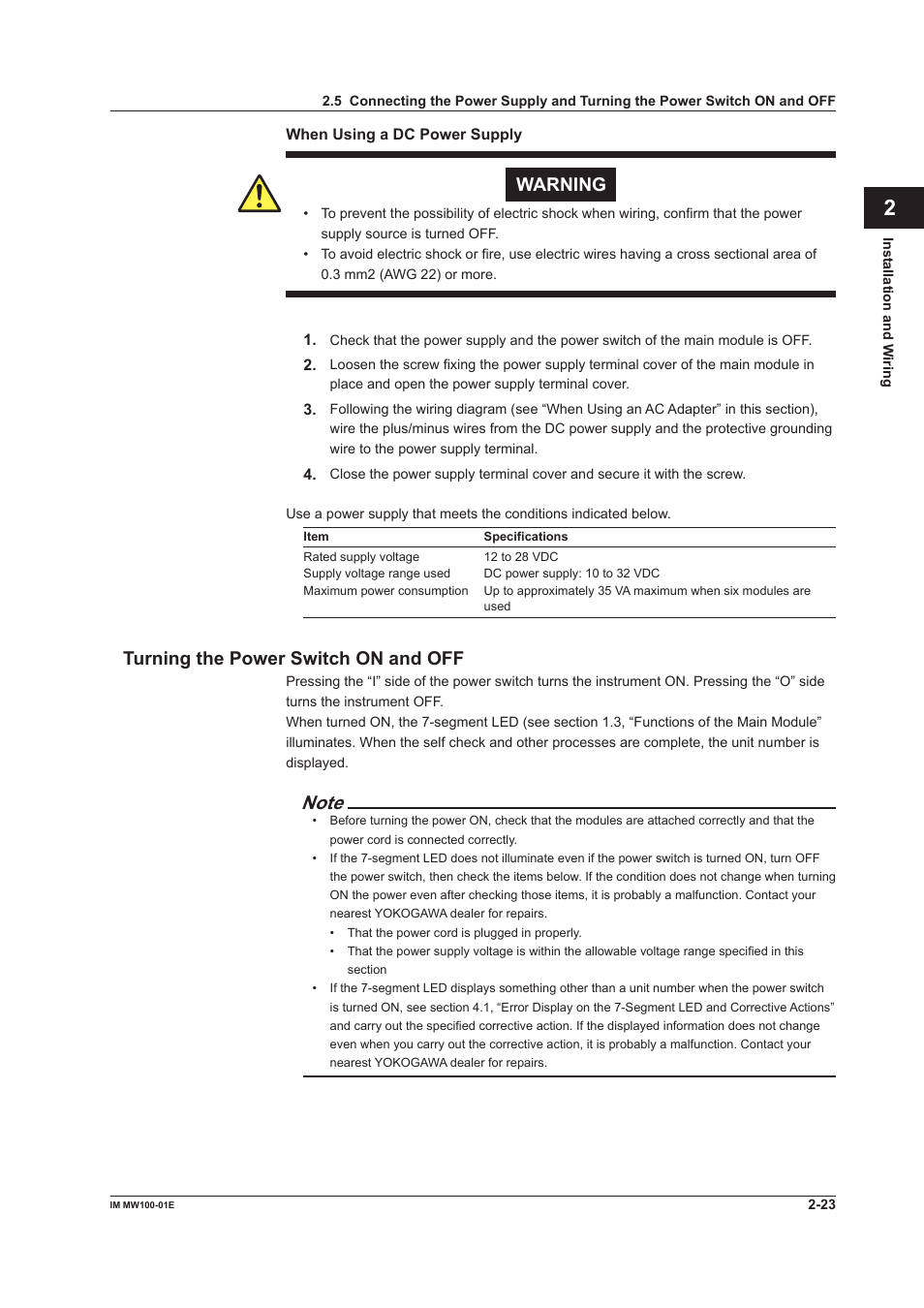 Turning the power switch on and off, Turning the power switch on and off -23, App index | Warning | Yokogawa Standalone MW100 User Manual | Page 111 / 305