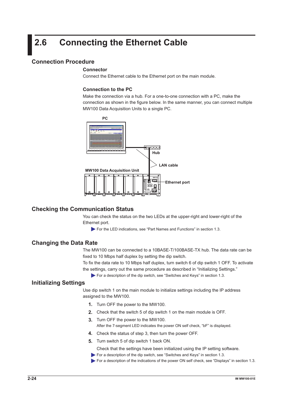 6 connecting the ethernet cable, Connection procedure, Checking the communication status | Changing the data rate, Initializing settings | Yokogawa Standalone MW100 User Manual | Page 112 / 305