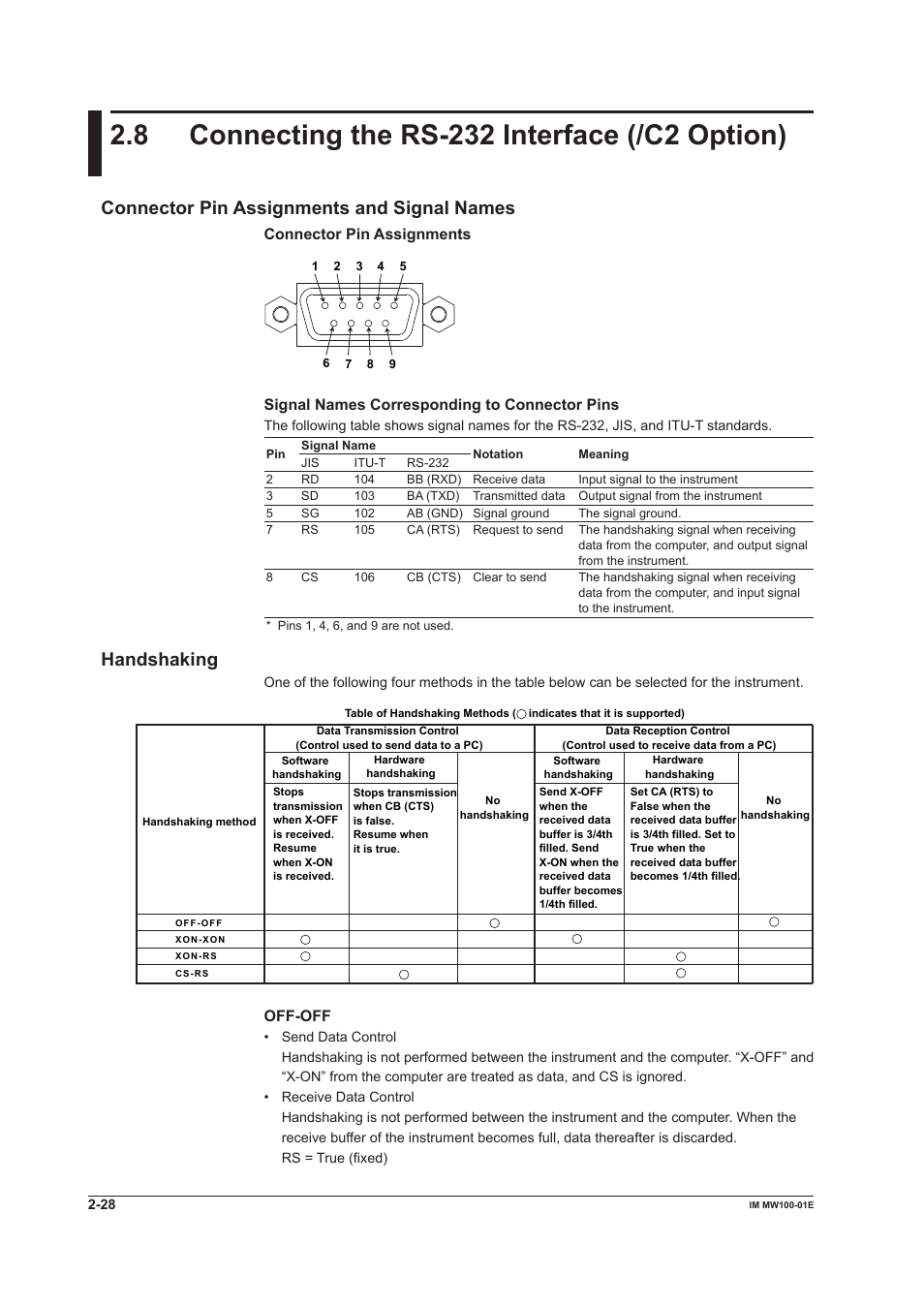 8 connecting the rs-232 interface (/c2 option), Connector pin assignments and signal names, Handshaking | Connector pin assignments, Signal names corresponding to connector pins, Off-off | Yokogawa Standalone MW100 User Manual | Page 116 / 305