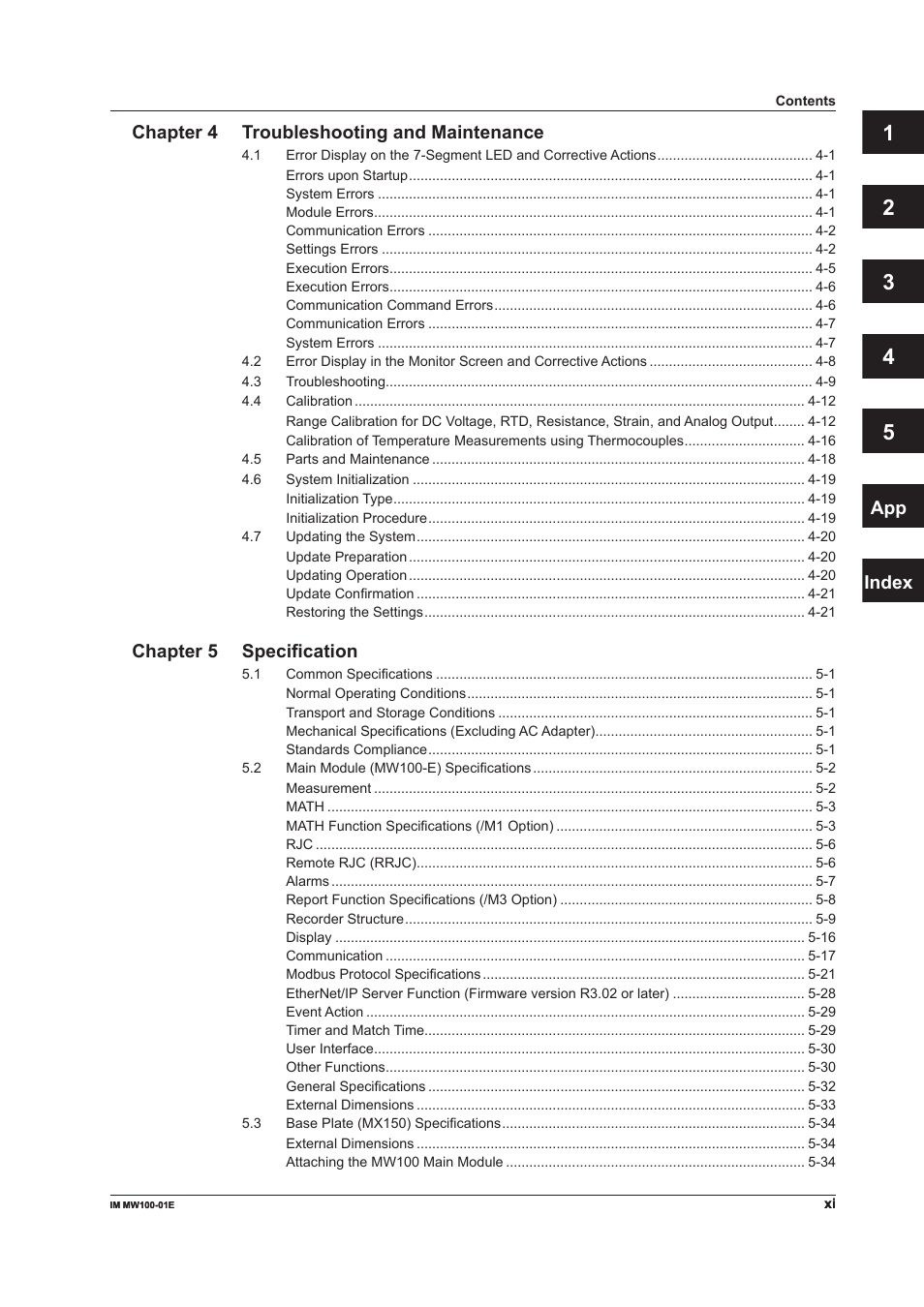 App index, Chapter 4 troubleshooting and maintenance, Chapter 5 specification | Yokogawa Standalone MW100 User Manual | Page 12 / 305