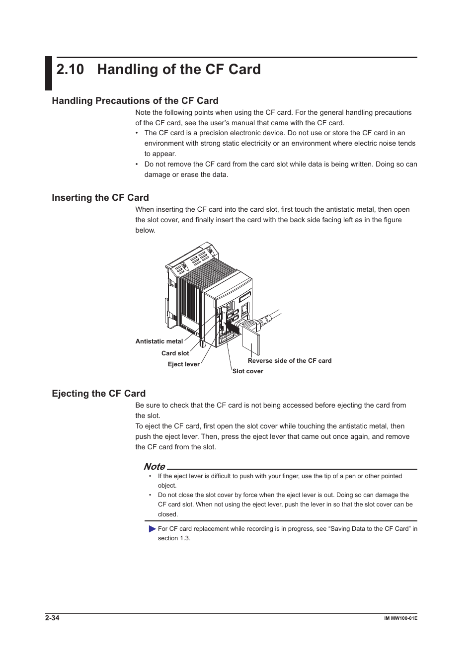 10 handling of the cf card, Handling precautions of the cf card, Inserting the cf card | Ejecting the cf card, 10 handling of the cf card -34 | Yokogawa Standalone MW100 User Manual | Page 122 / 305