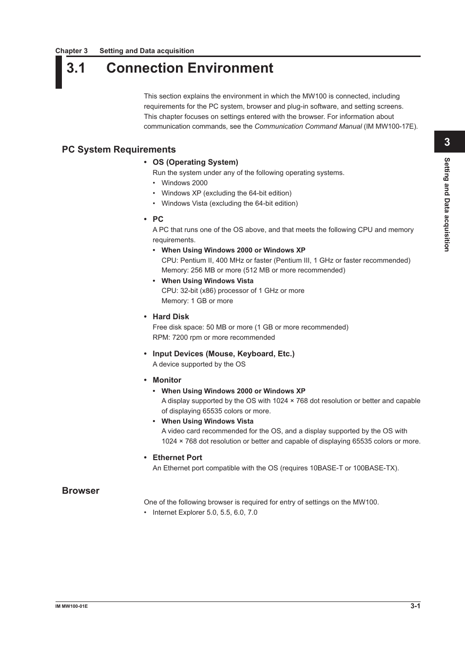 Chapter 3 setting and data acquisition, 1 connection environment, Pc system requirements | Browser | Yokogawa Standalone MW100 User Manual | Page 123 / 305