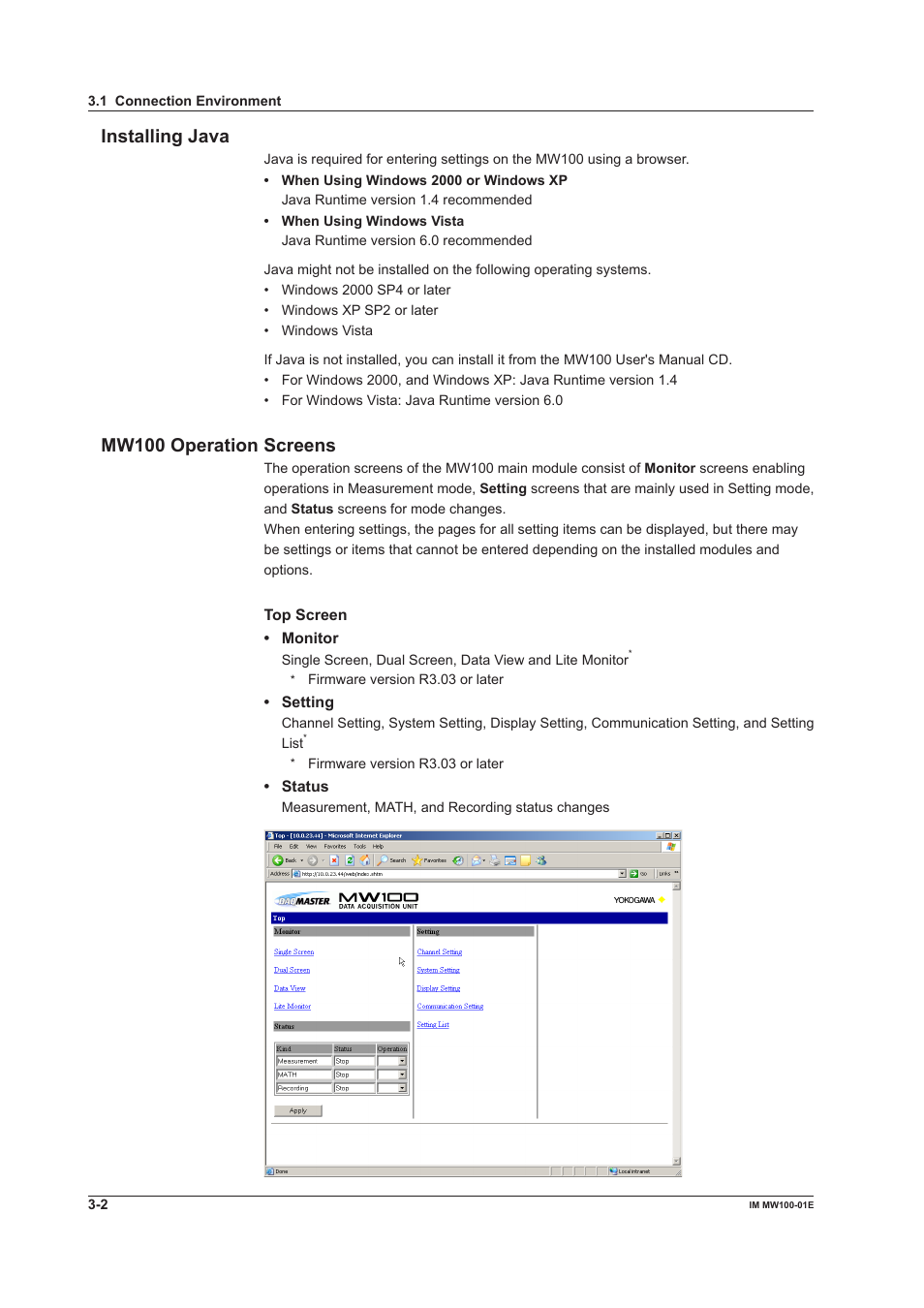 Installing java, Mw100 operation screens, Installing java -2 mw100 operation screens -2 | Yokogawa Standalone MW100 User Manual | Page 124 / 305