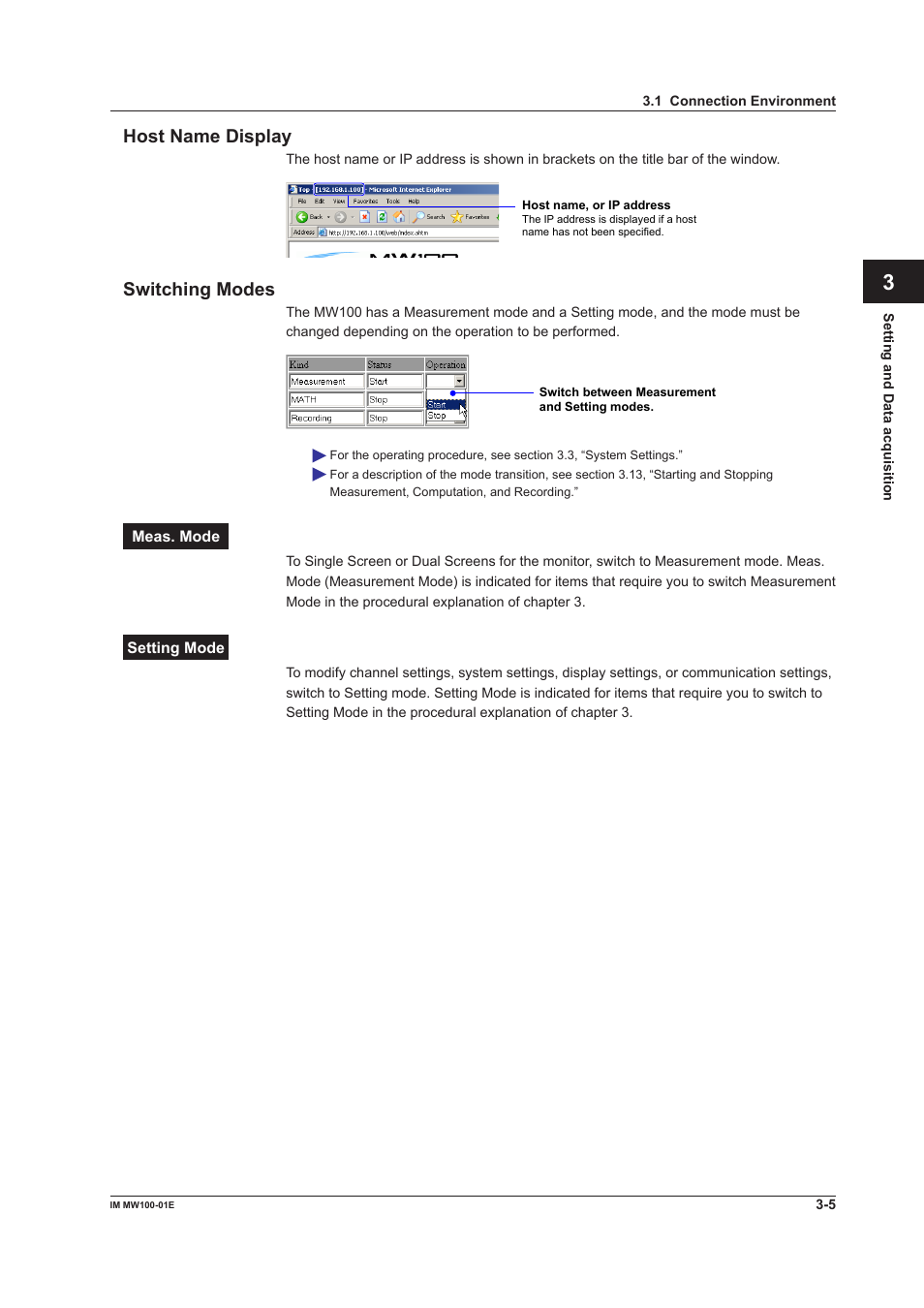 Host name display, Switching modes, Host name display -5 switching modes -5 | App index host name display | Yokogawa Standalone MW100 User Manual | Page 127 / 305