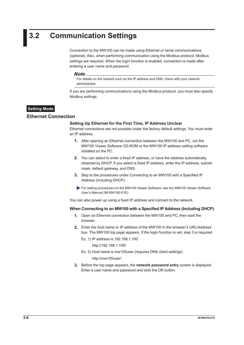 2 communication settings, Ethernet connection, Communication settings -6 ethernet connection -6 | Yokogawa Standalone MW100 User Manual | Page 128 / 305