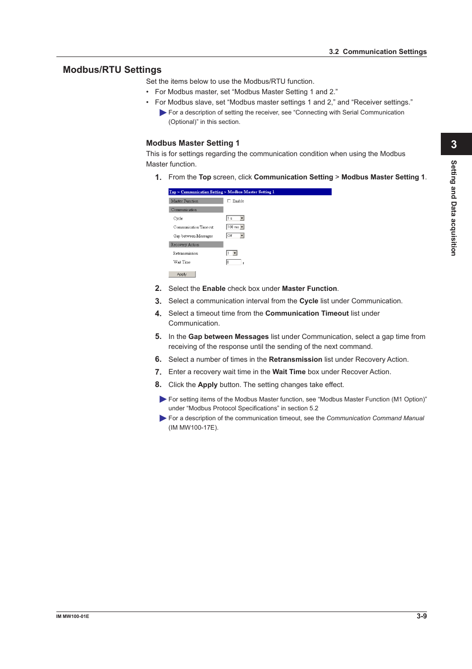 Modbus/rtu settings, Modbus/rtu settings -9, App index modbus/rtu settings | Yokogawa Standalone MW100 User Manual | Page 131 / 305