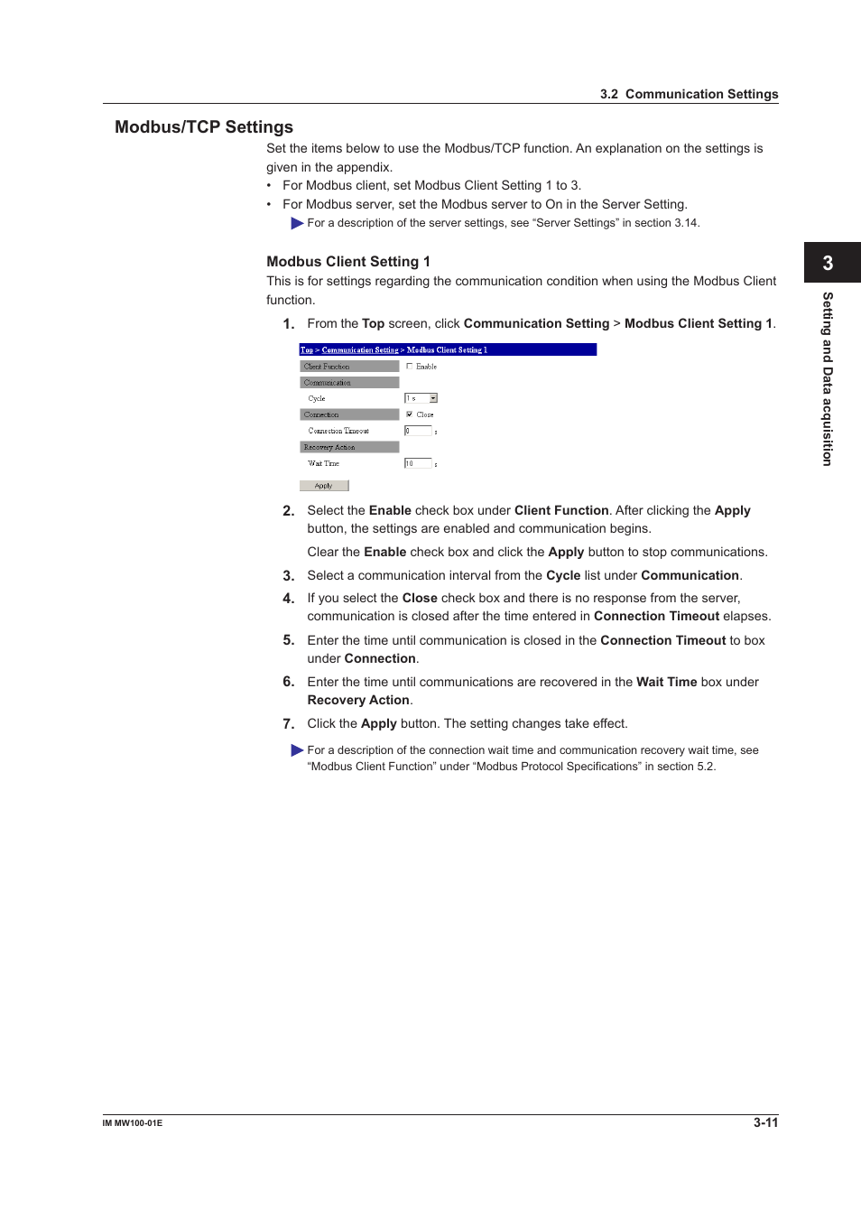 Modbus/tcp settings, Modbus/tcp settings -11, App index modbus/tcp settings | Yokogawa Standalone MW100 User Manual | Page 133 / 305
