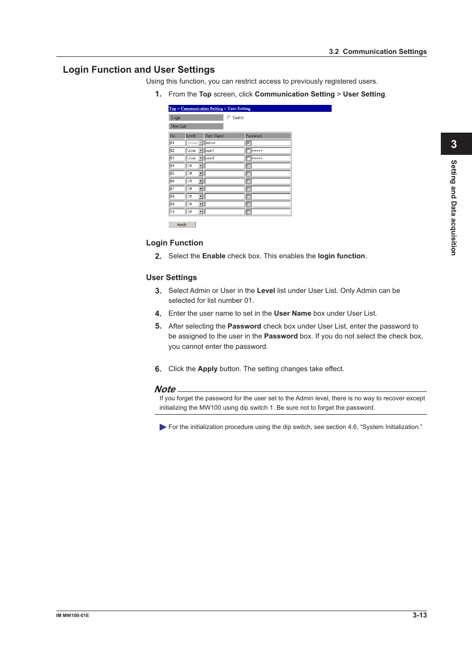 Login function and user settings, Login function and user settings -13 | Yokogawa Standalone MW100 User Manual | Page 135 / 305