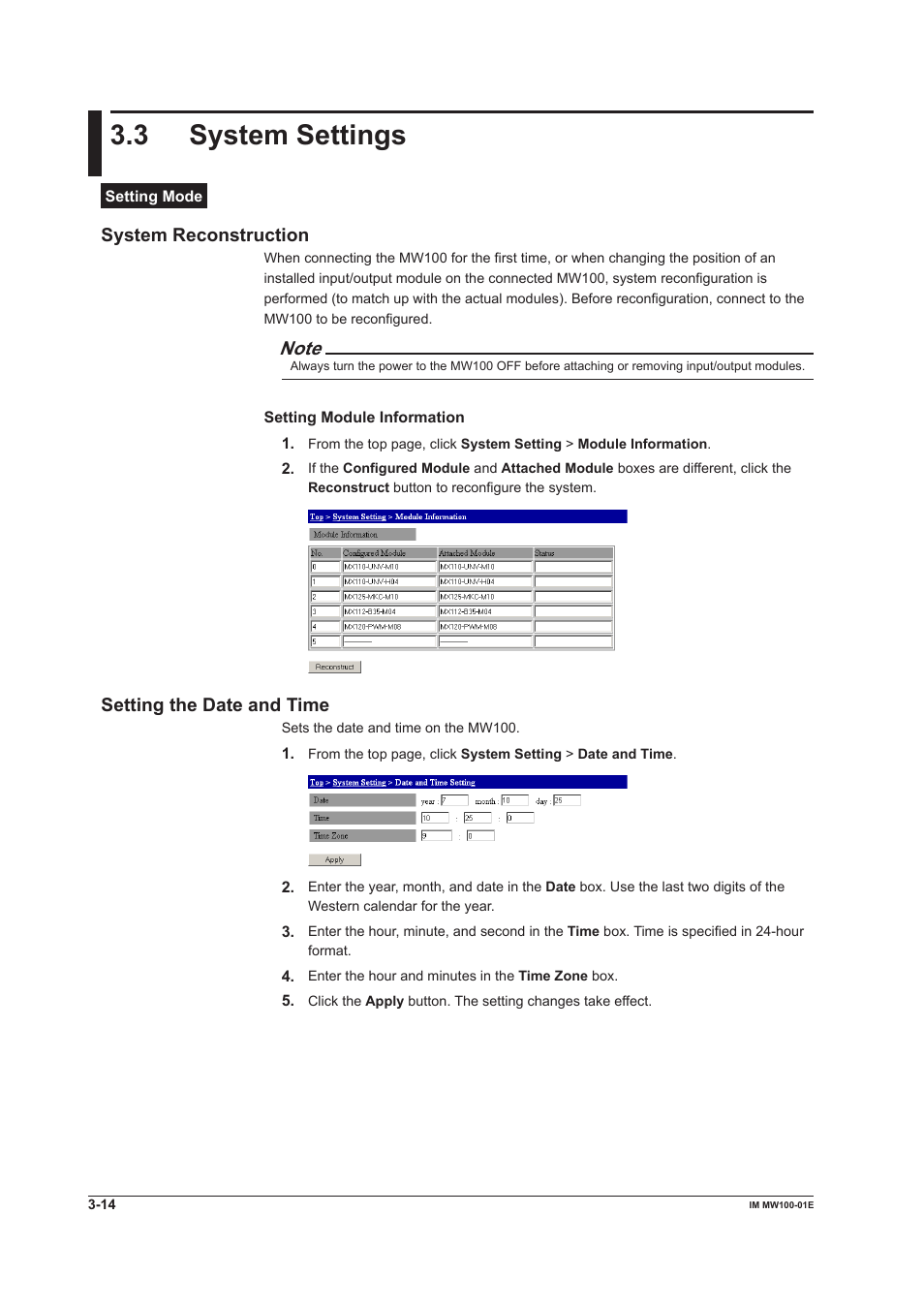 3 system settings, System reconstruction, Setting the date and time | Yokogawa Standalone MW100 User Manual | Page 136 / 305