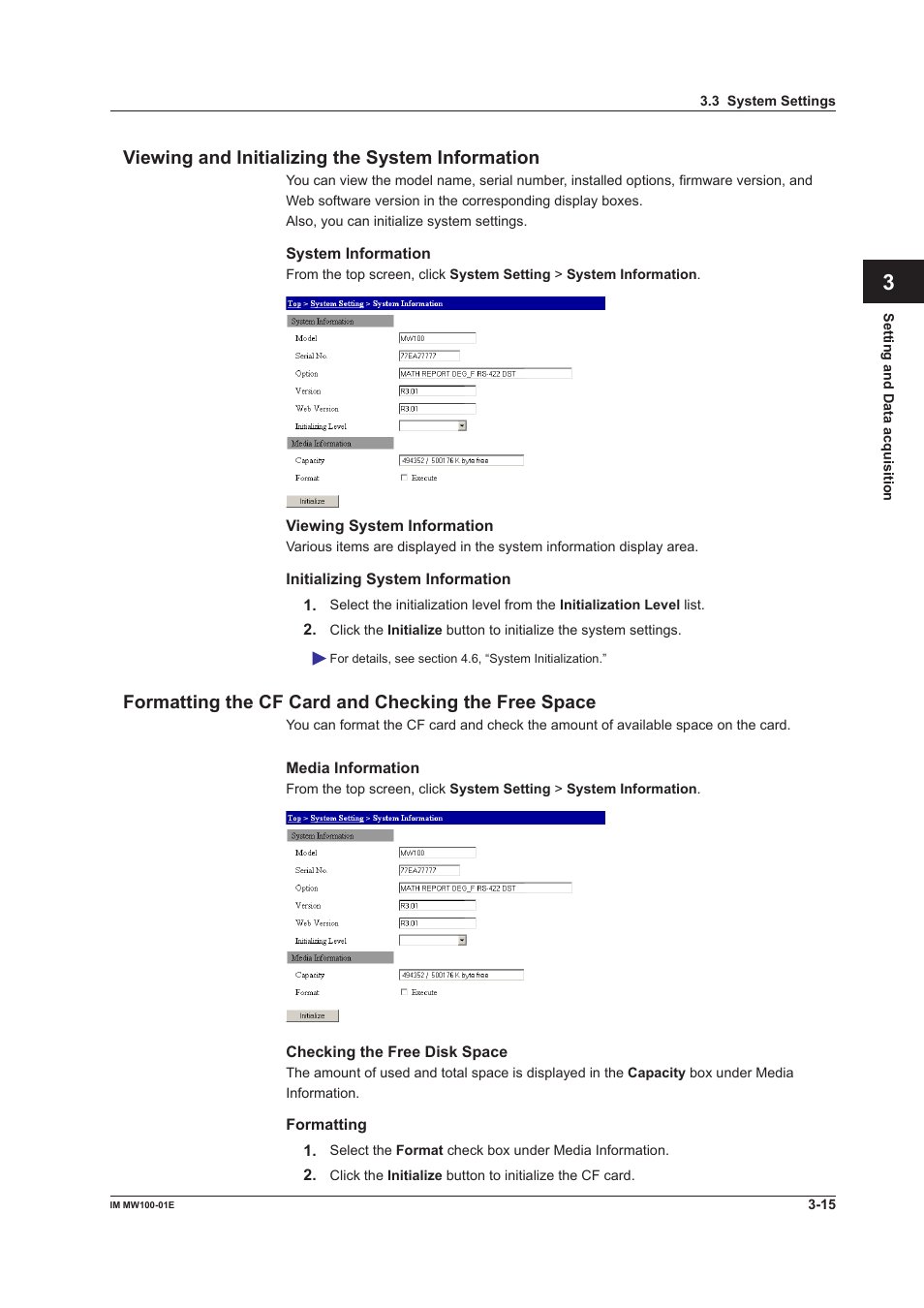 Viewing and initializing the system information, Formatting the cf card and checking the free space | Yokogawa Standalone MW100 User Manual | Page 137 / 305