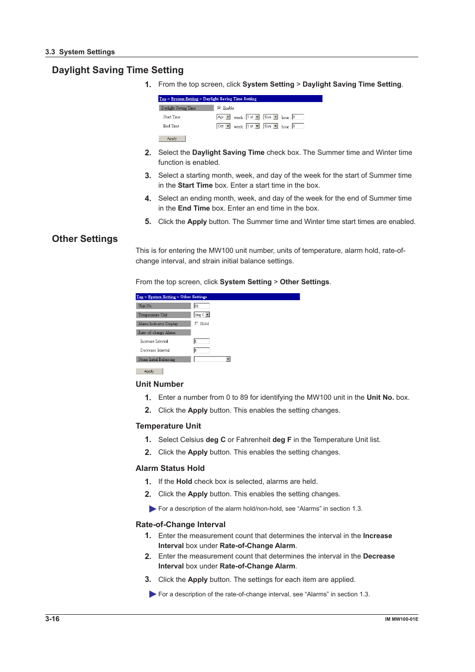 Daylight saving time setting, Other settings | Yokogawa Standalone MW100 User Manual | Page 138 / 305