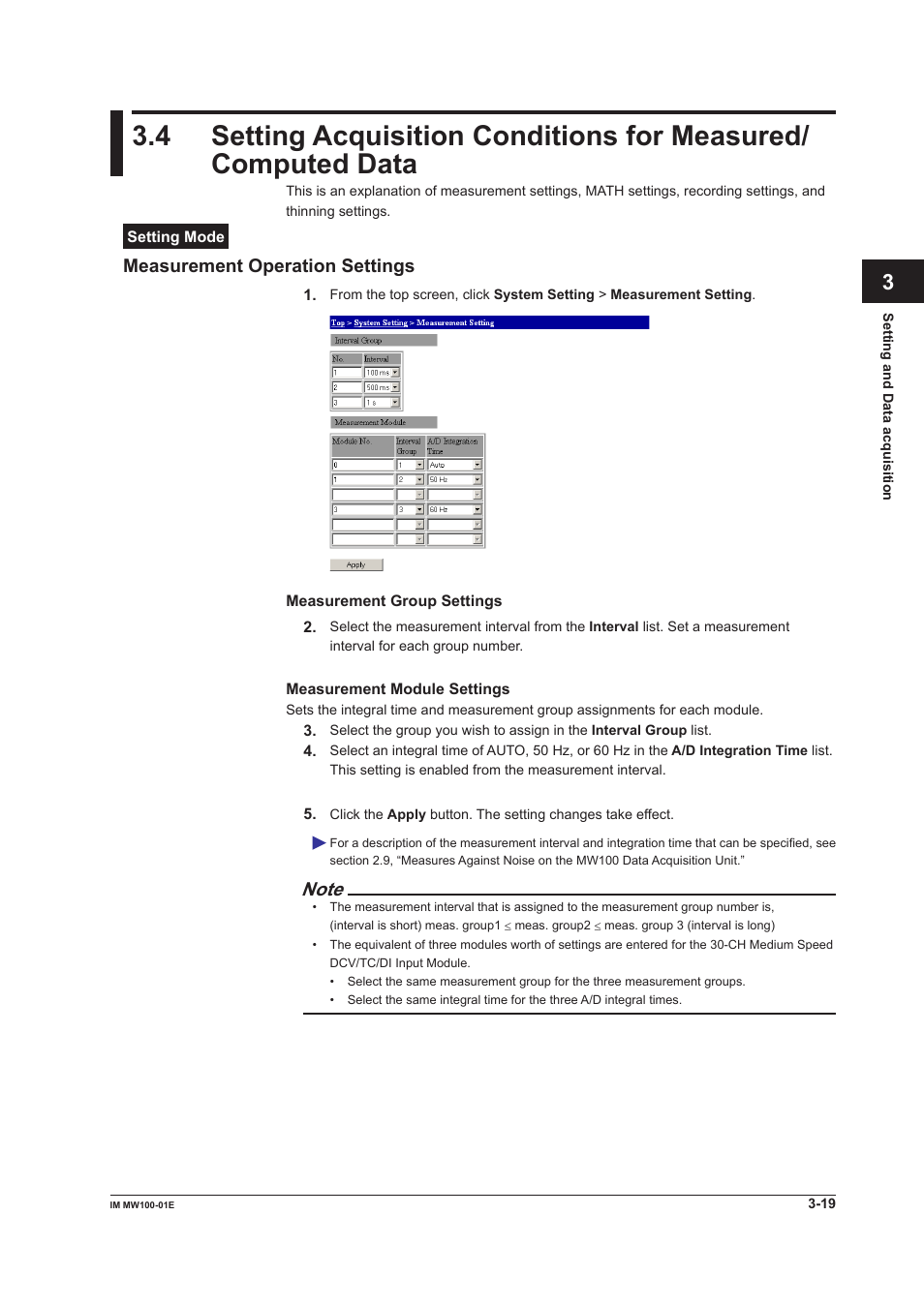 Measurement operation settings | Yokogawa Standalone MW100 User Manual | Page 141 / 305