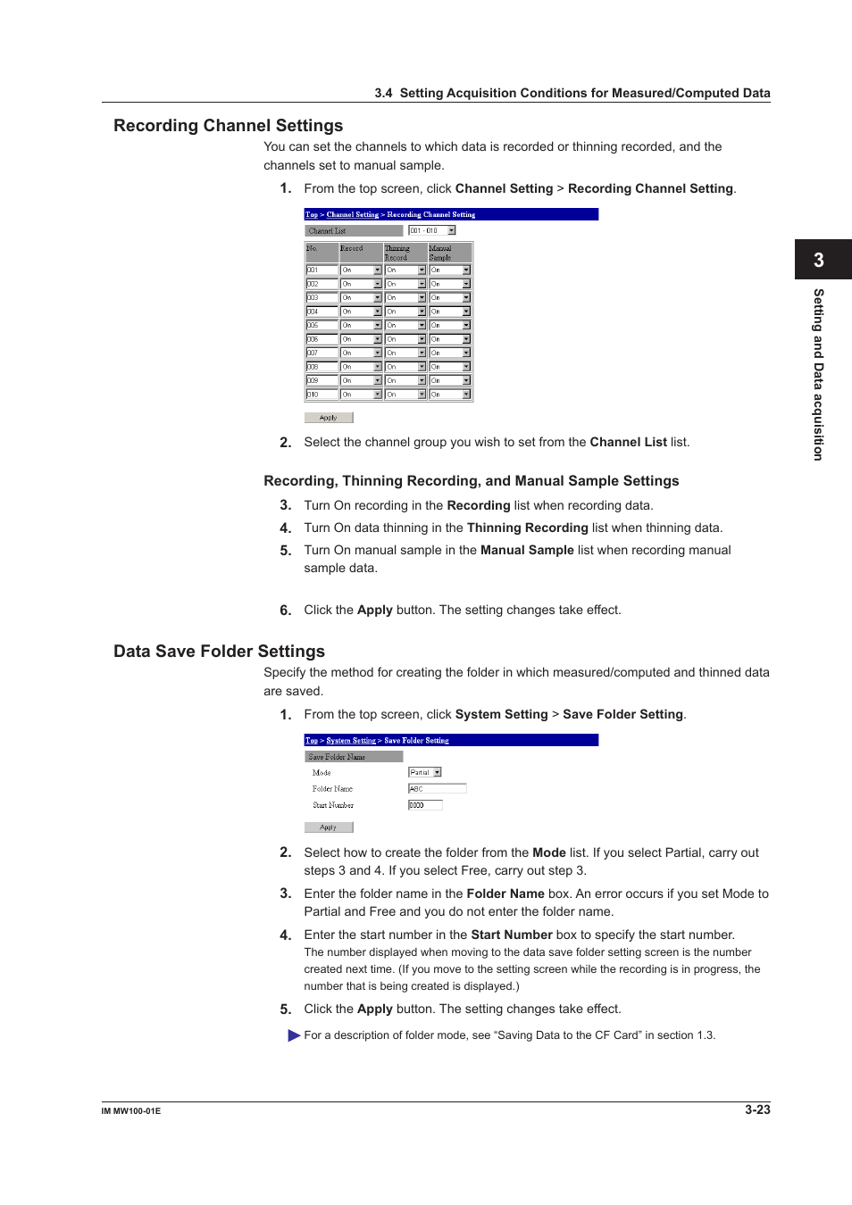 Recording channel settings, Data save folder settings, App index recording channel settings | Yokogawa Standalone MW100 User Manual | Page 145 / 305