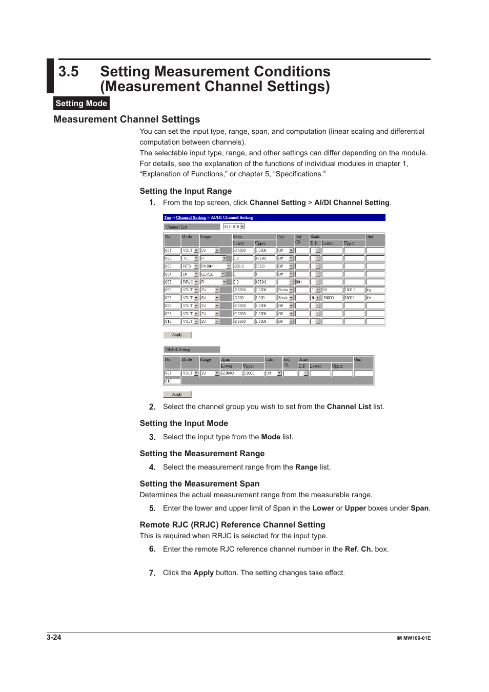 Measurement channel settings | Yokogawa Standalone MW100 User Manual | Page 146 / 305