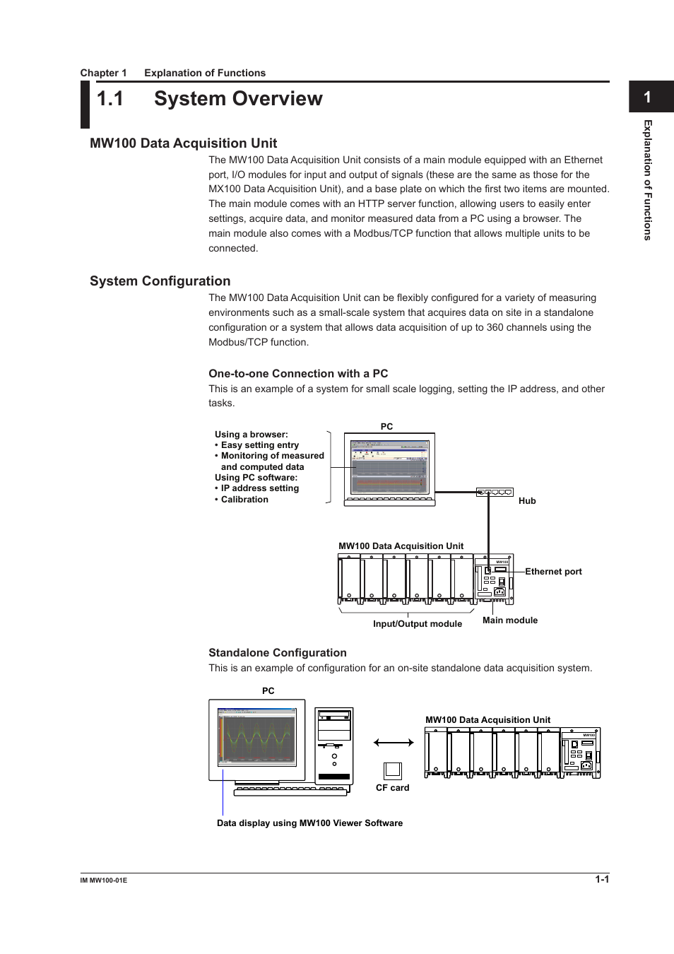 Chapter 1 explanation of functions, 1 system overview, Mw100 data acquisition unit | System configuration, App index | Yokogawa Standalone MW100 User Manual | Page 15 / 305