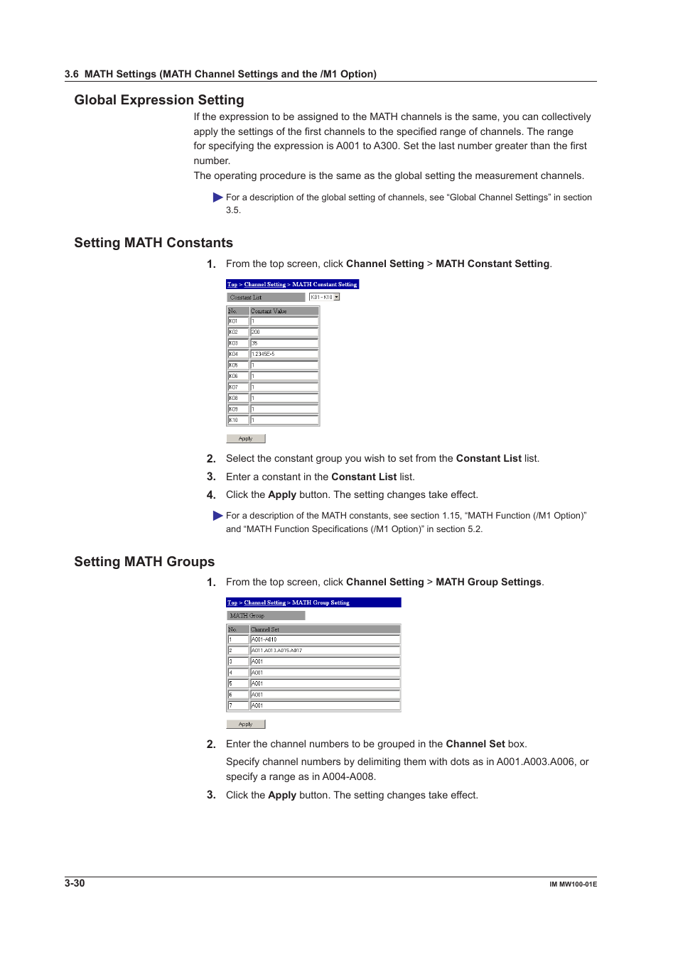 Global expression setting, Setting math constants, Setting math groups | Yokogawa Standalone MW100 User Manual | Page 152 / 305