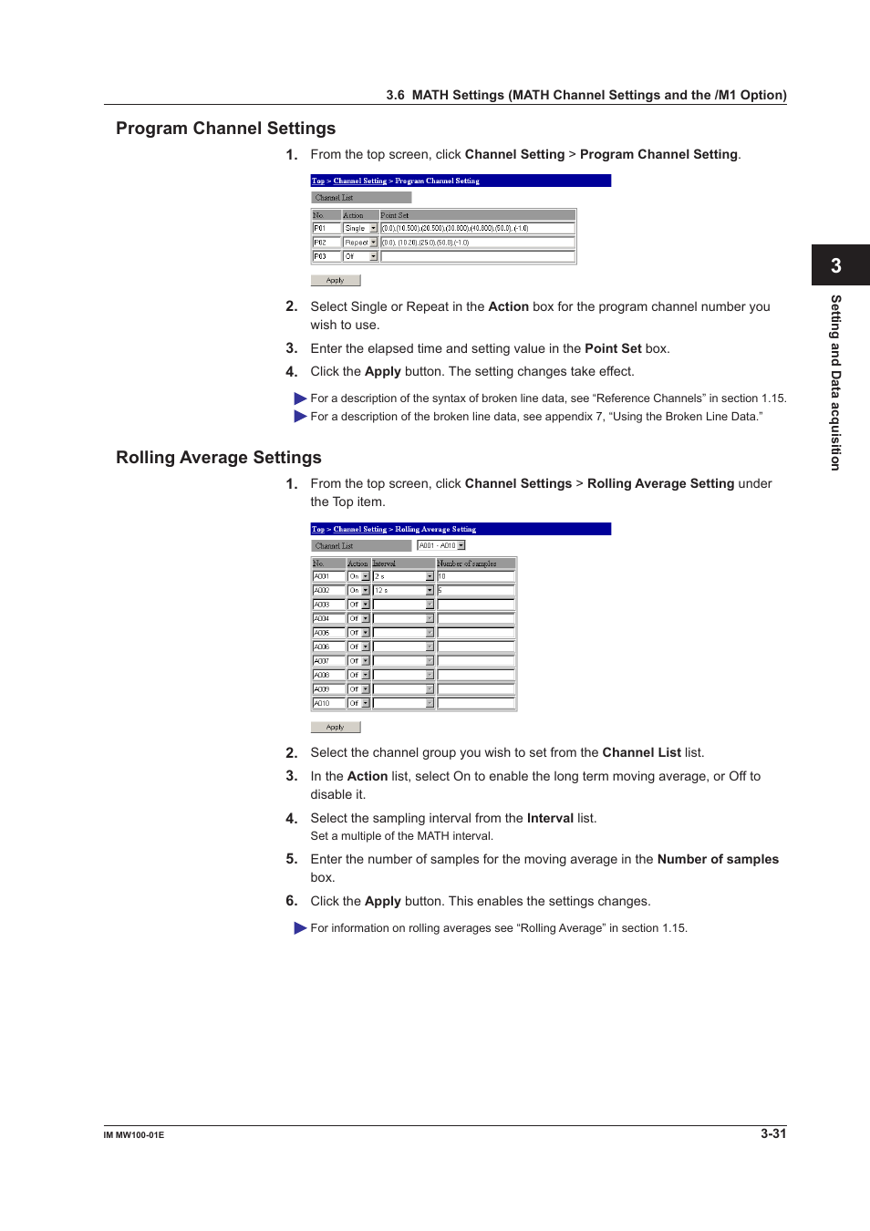 Program channel settings, Rolling average settings, App index program channel settings | Yokogawa Standalone MW100 User Manual | Page 153 / 305